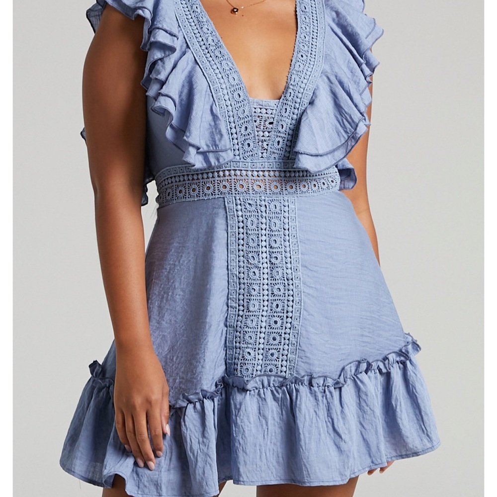 SHOWPO ALDINE RUFFLE TRIMMED CROCHET DETAIL MINI DRESS IN STEEL BLUE